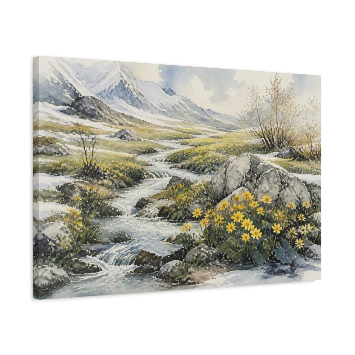 Side Mockup 2. Spring Meadow Stream shown as canvas print
