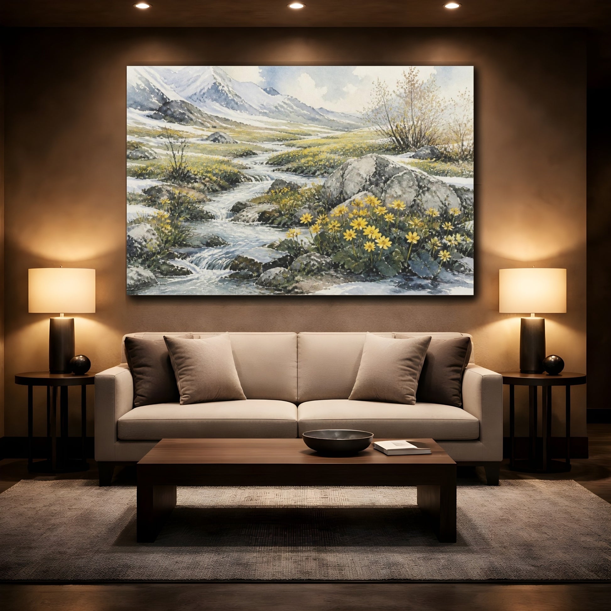 Mockup 2. Spring Meadow Stream shown as canvas print