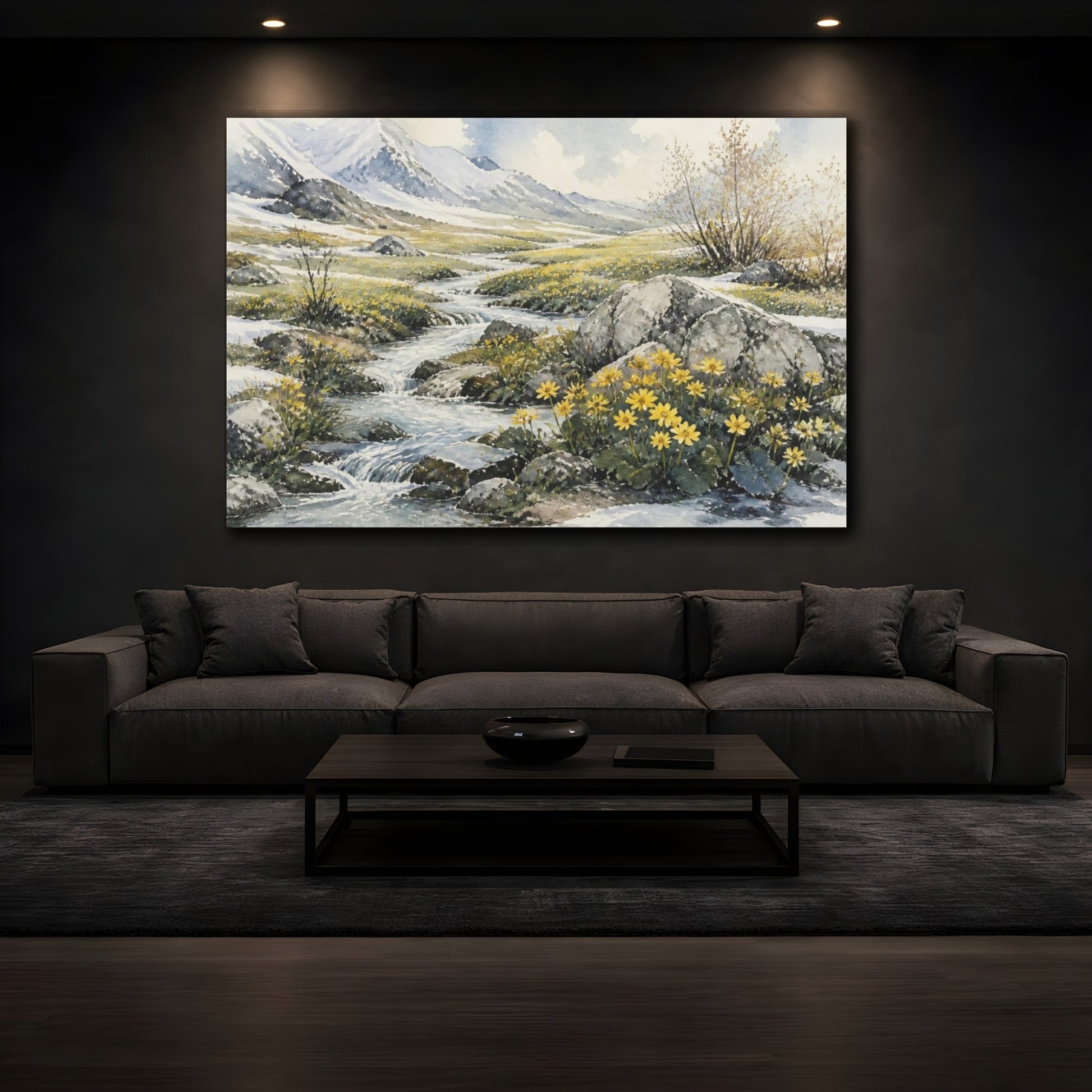 Mockup 3. Spring Meadow Stream shown as canvas print