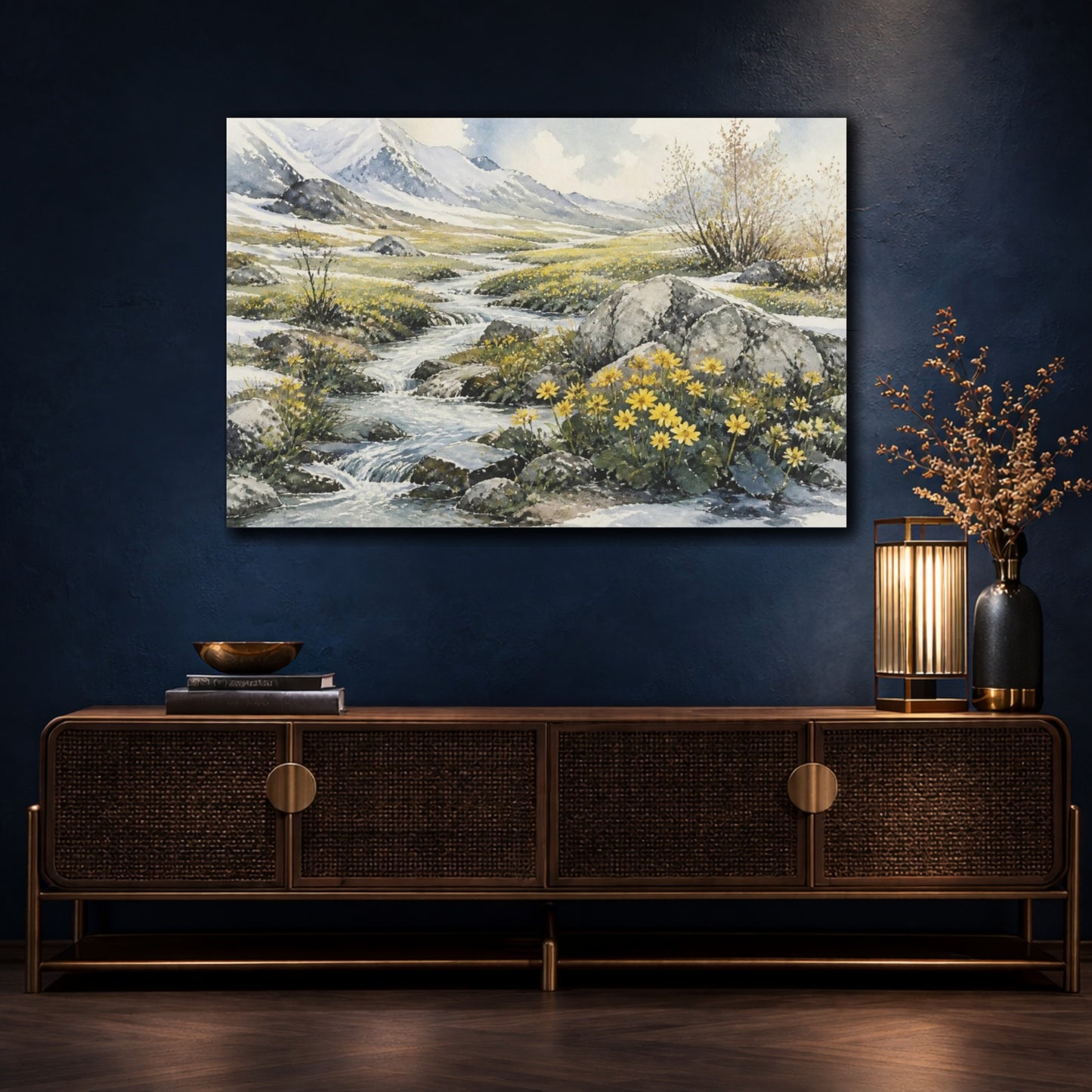 Mockup 4. Spring Meadow Stream shown as canvas print