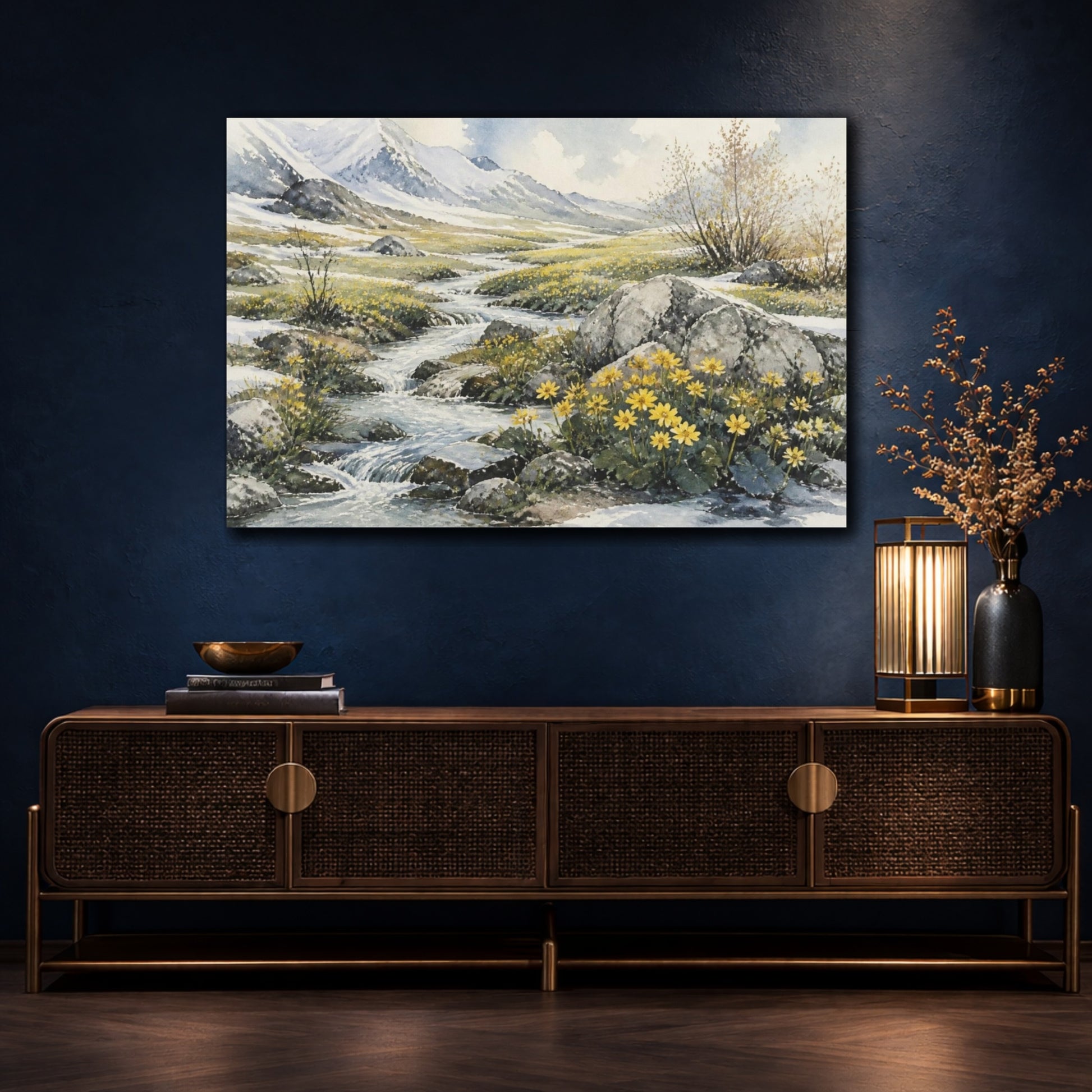 Mockup 4. Spring Meadow Stream shown as canvas print