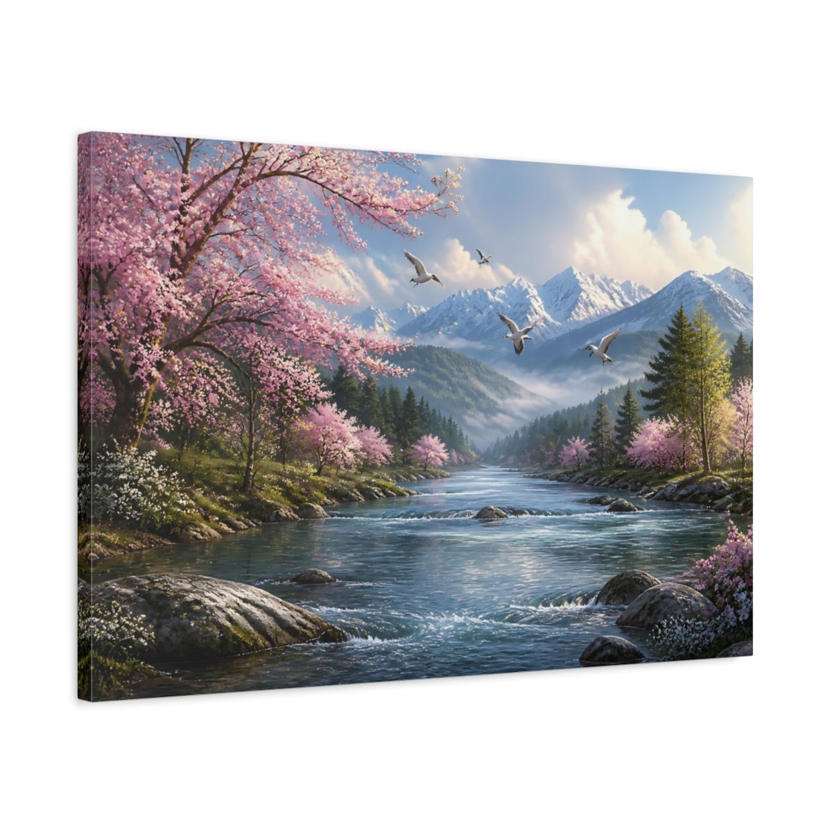 Side Mockup 2. Spring River Blossom shown as canvas print