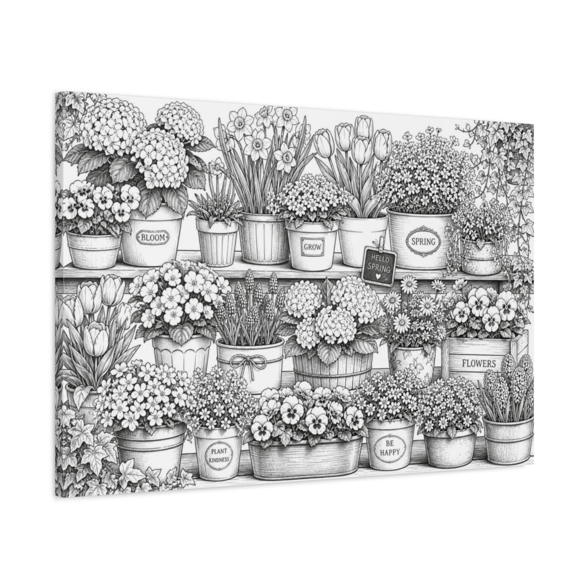 Main Mockup. Spring Shelf Of Potted Flowers shown as canvas print