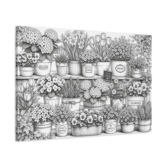 Main Mockup. Spring Shelf Of Potted Flowers shown as canvas print