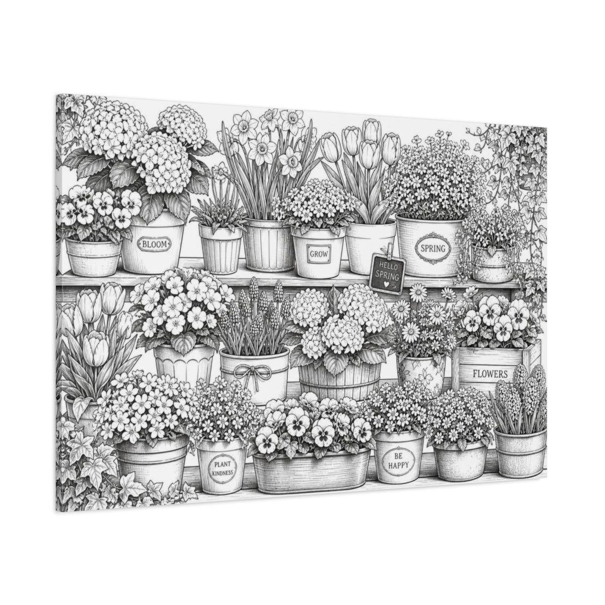 Side Mockup 1. Spring Shelf Of Potted Flowers shown as canvas print