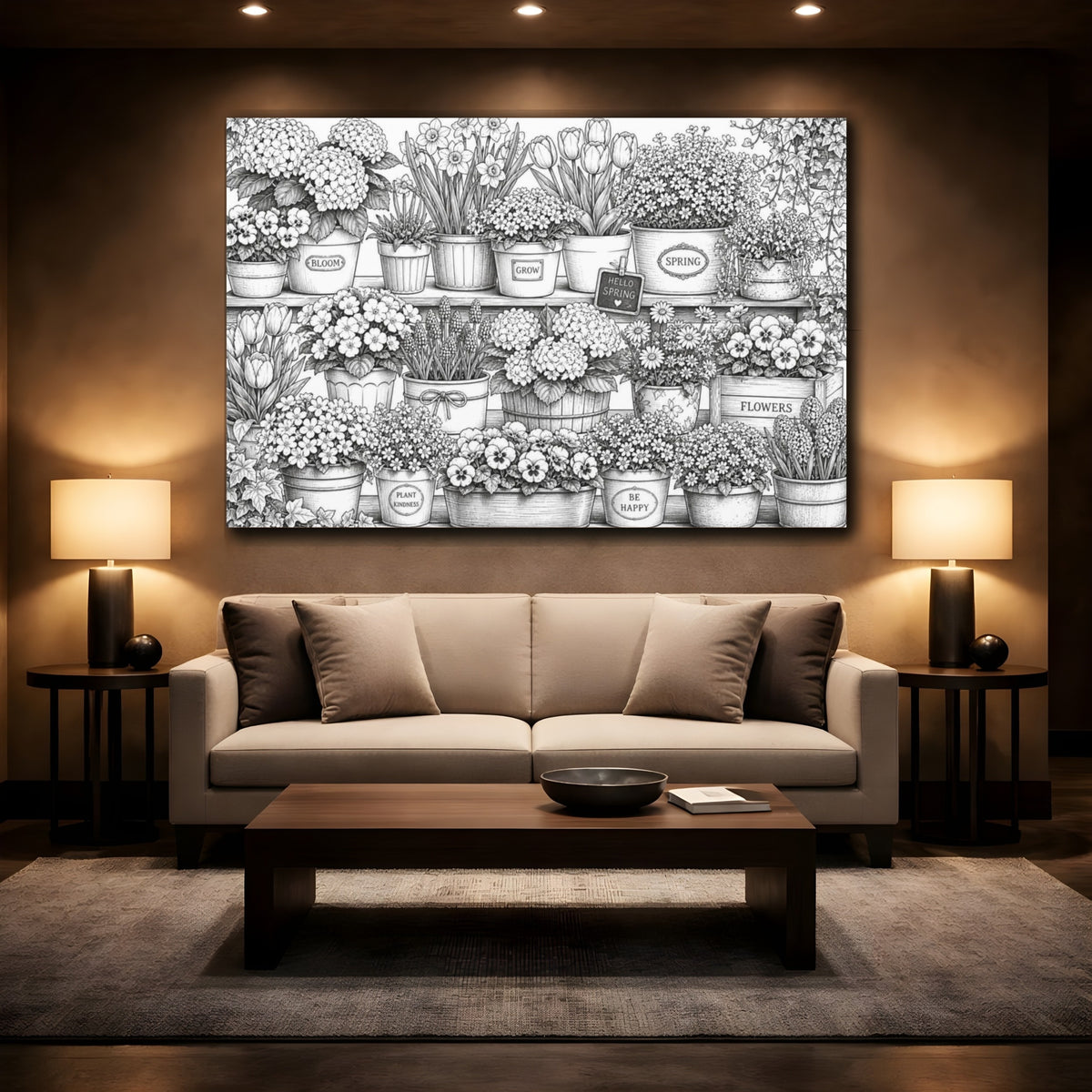 Mockup 2. Spring Shelf Of Potted Flowers shown as canvas print