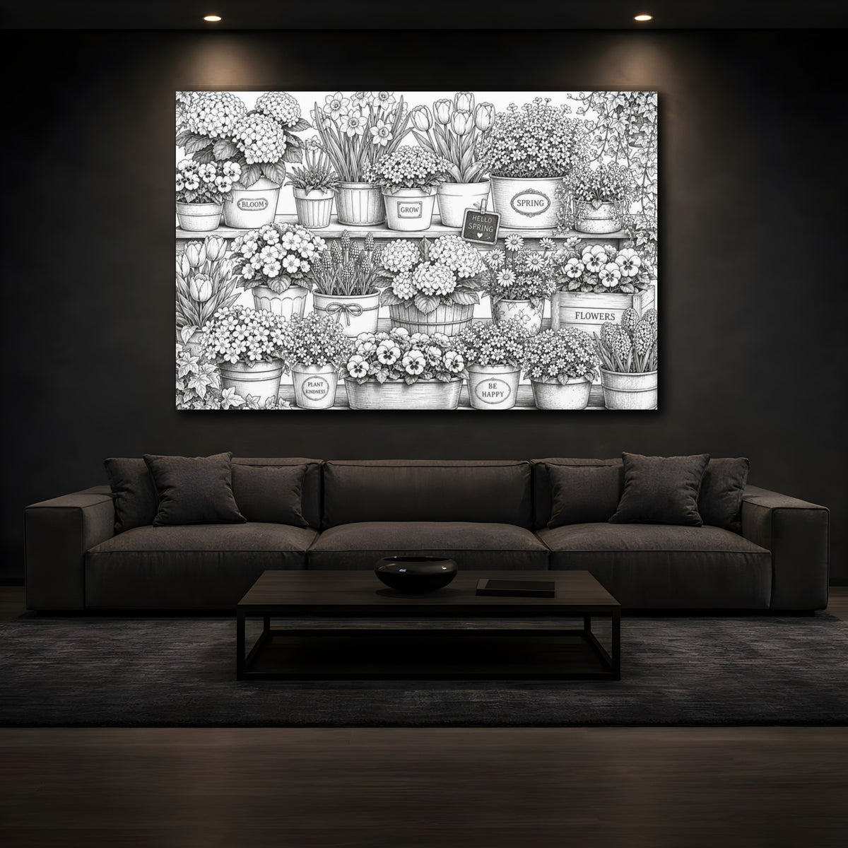 Mockup 3. Spring Shelf Of Potted Flowers shown as canvas print