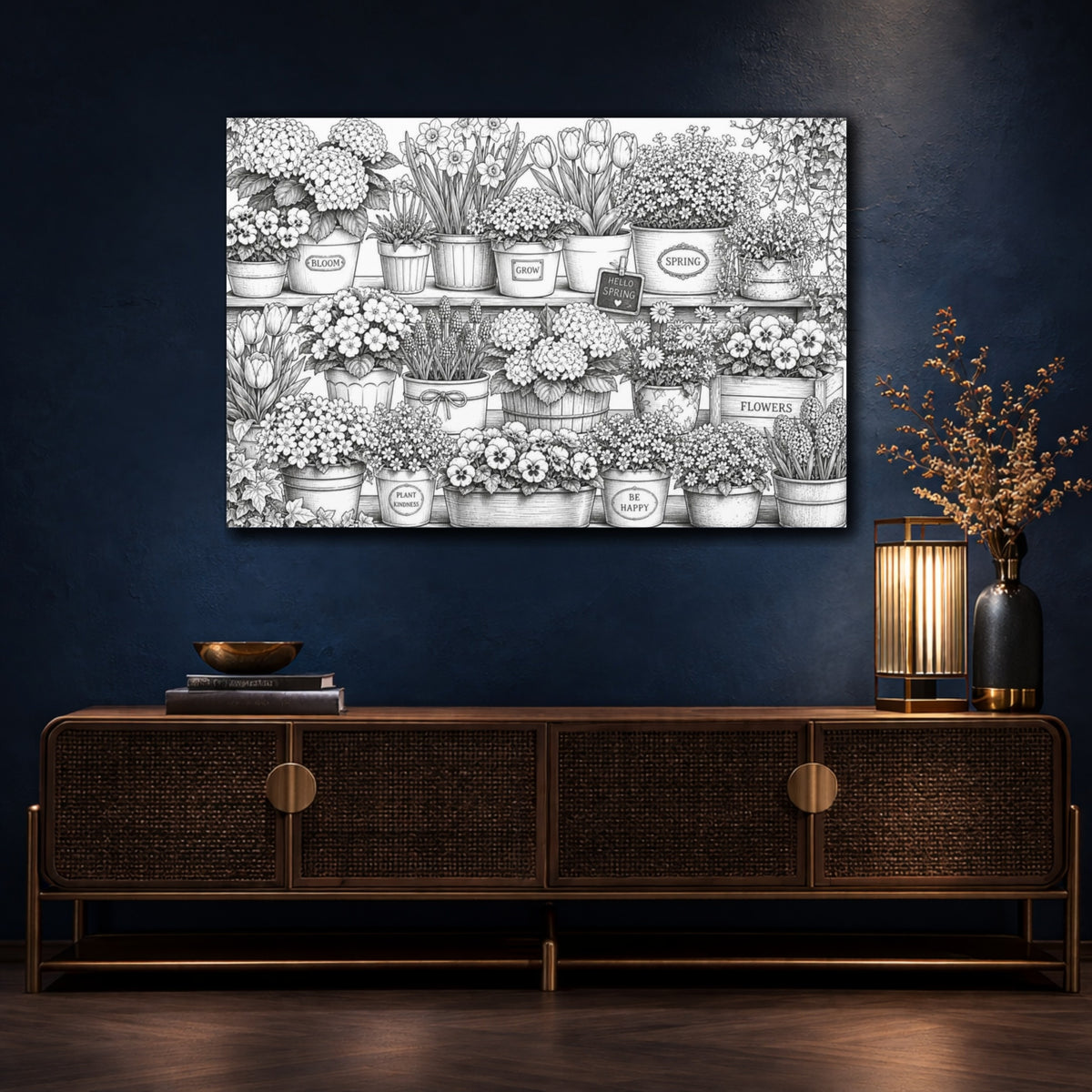 Mockup 4. Spring Shelf Of Potted Flowers shown as canvas print
