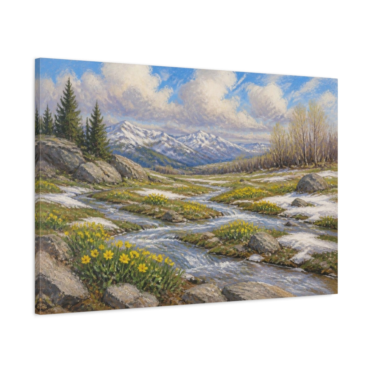 Main Mockup. Spring Snowmelt Meadow shown as canvas print