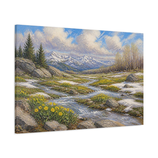 Main Mockup. Spring Snowmelt Meadow shown as canvas print