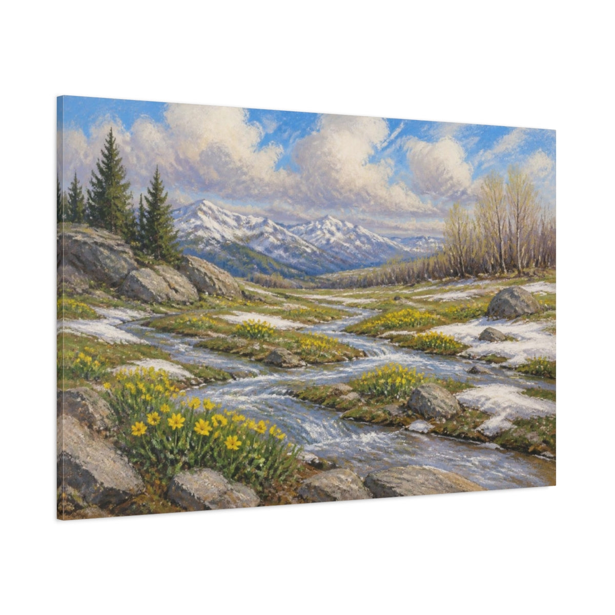 Side Mockup 1. Spring Snowmelt Meadow shown as canvas print
