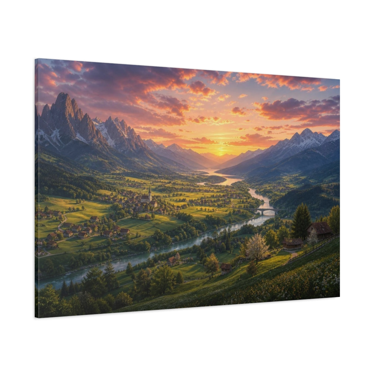 Side Mockup 1. Spring Sunset Mountain Valley shown as canvas print