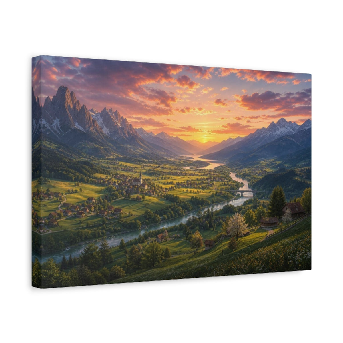 Side Mockup 4. Spring Sunset Mountain Valley shown as canvas print