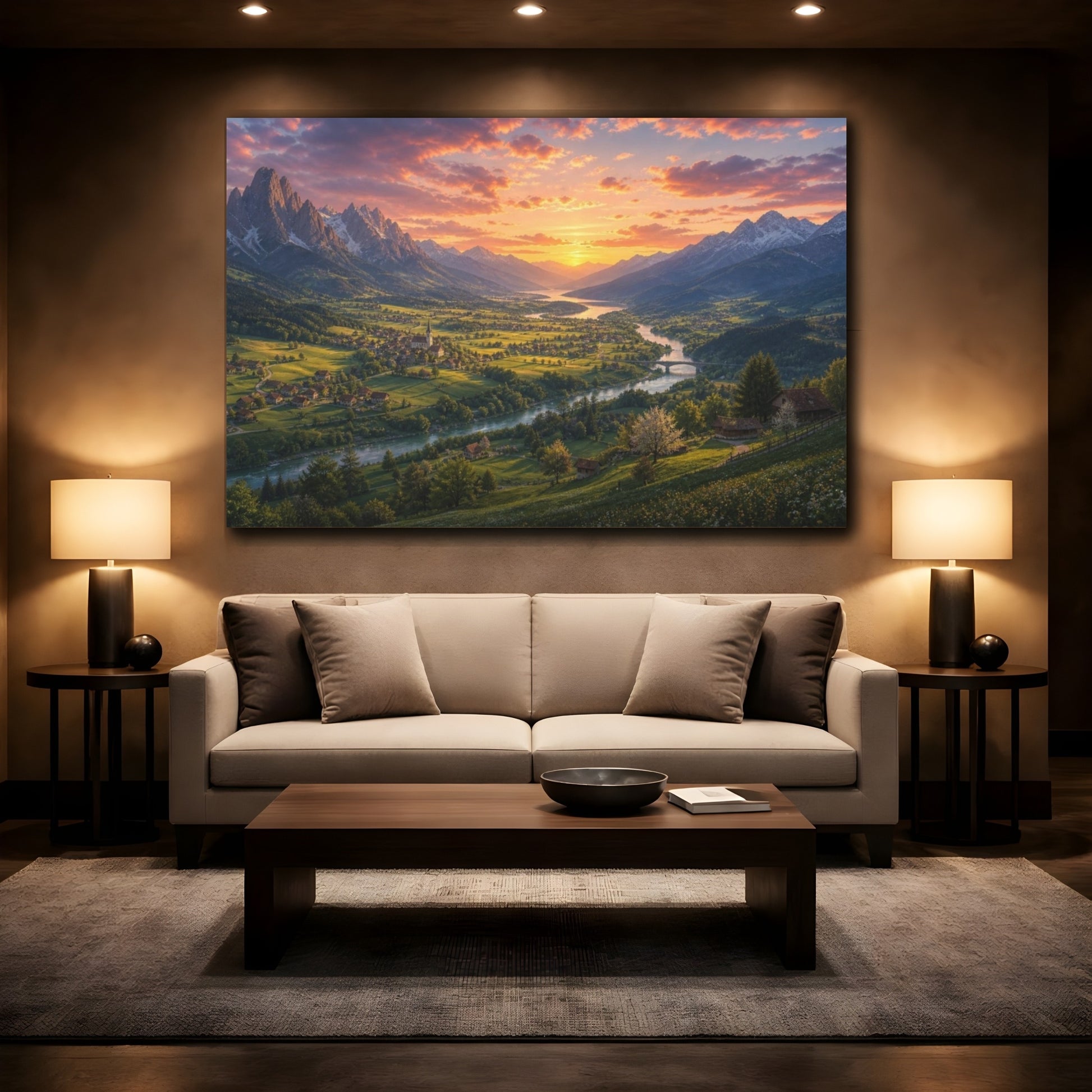Mockup 2. Spring Sunset Mountain Valley shown as canvas print
