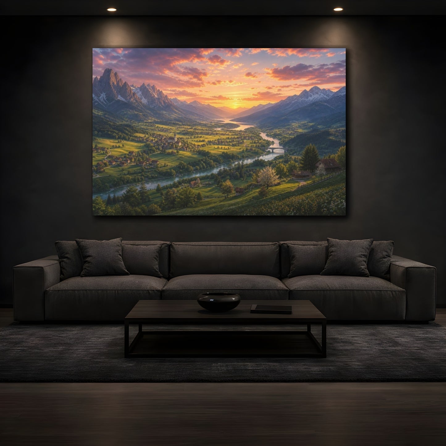 Mockup 3. Spring Sunset Mountain Valley shown as canvas print