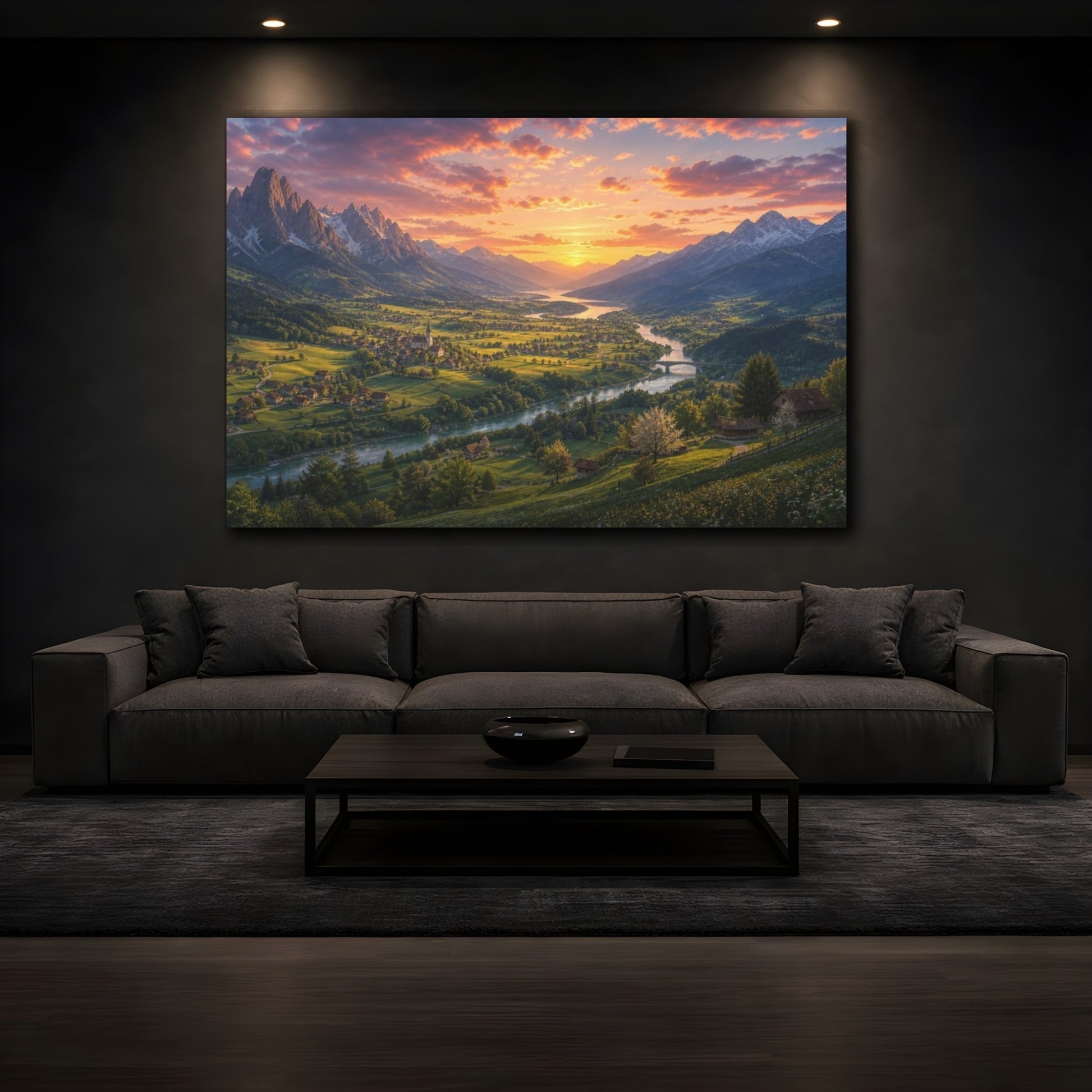 Mockup 3. Spring Sunset Mountain Valley shown as canvas print