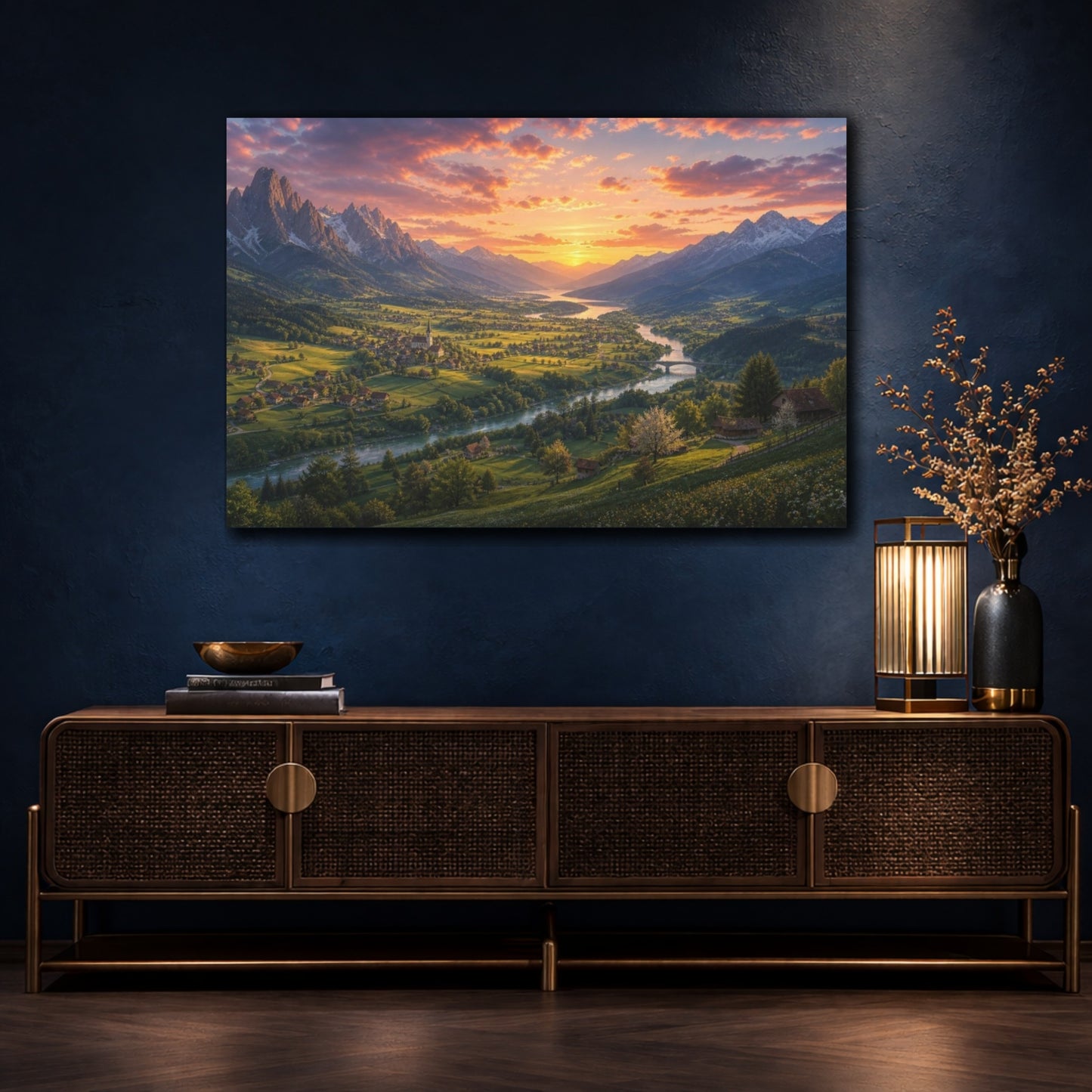 Mockup 4. Spring Sunset Mountain Valley shown as canvas print