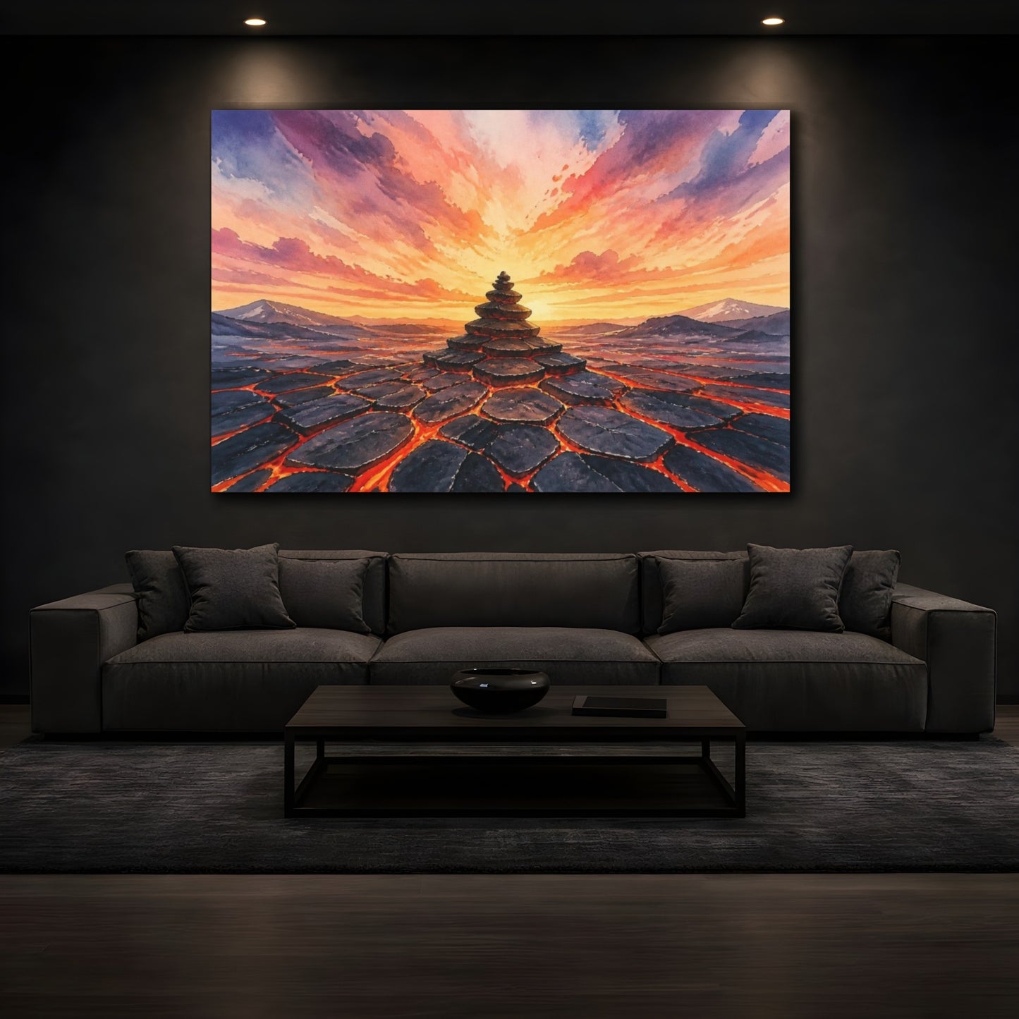 Mockup 3. Stacked Lava Cairn shown as canvas print