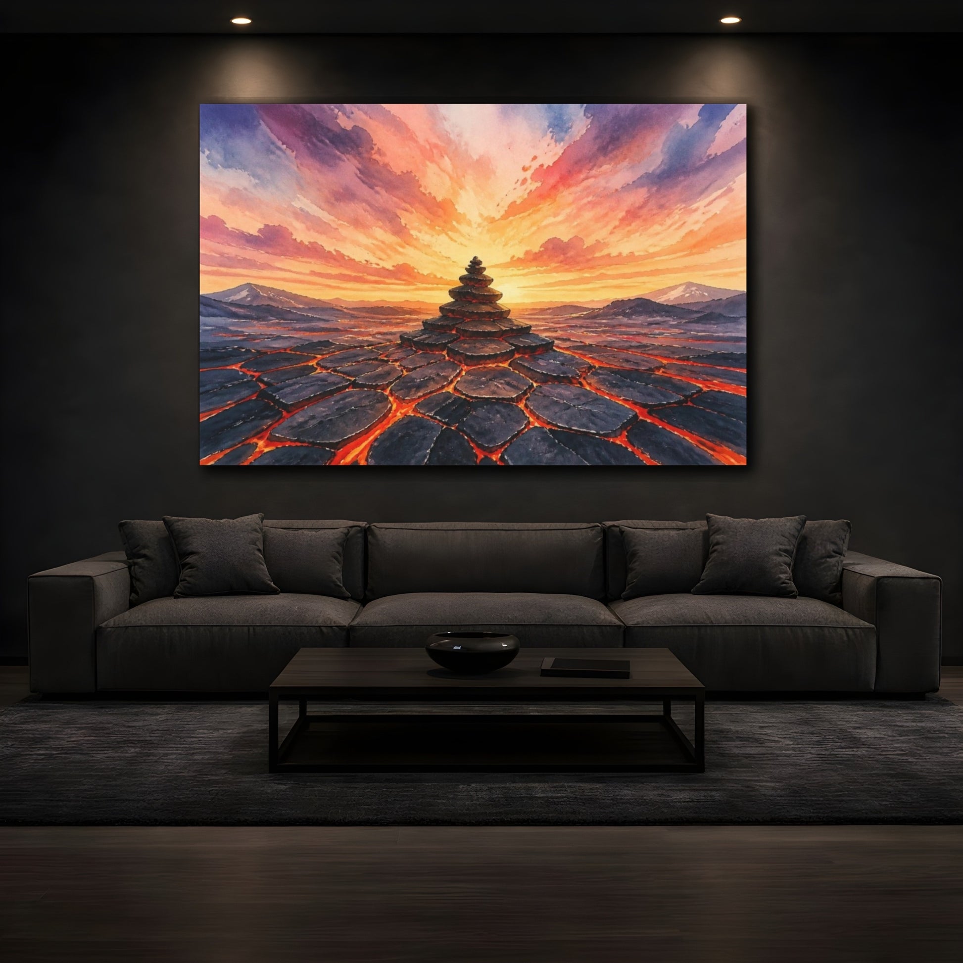 Mockup 3. Stacked Lava Cairn shown as canvas print
