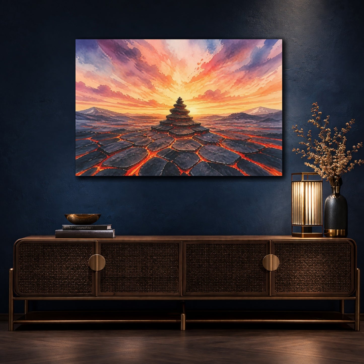 Mockup 4. Stacked Lava Cairn shown as canvas print