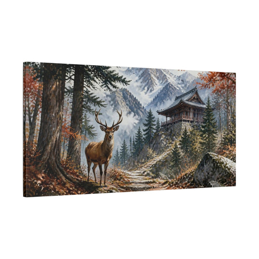 Main Mockup. Stag At Mountain Temple shown as canvas print