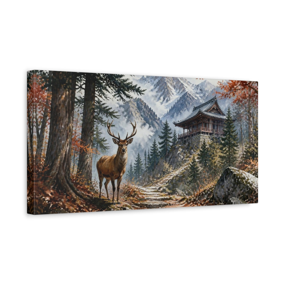 Side Mockup 3. Stag At Mountain Temple shown as canvas print