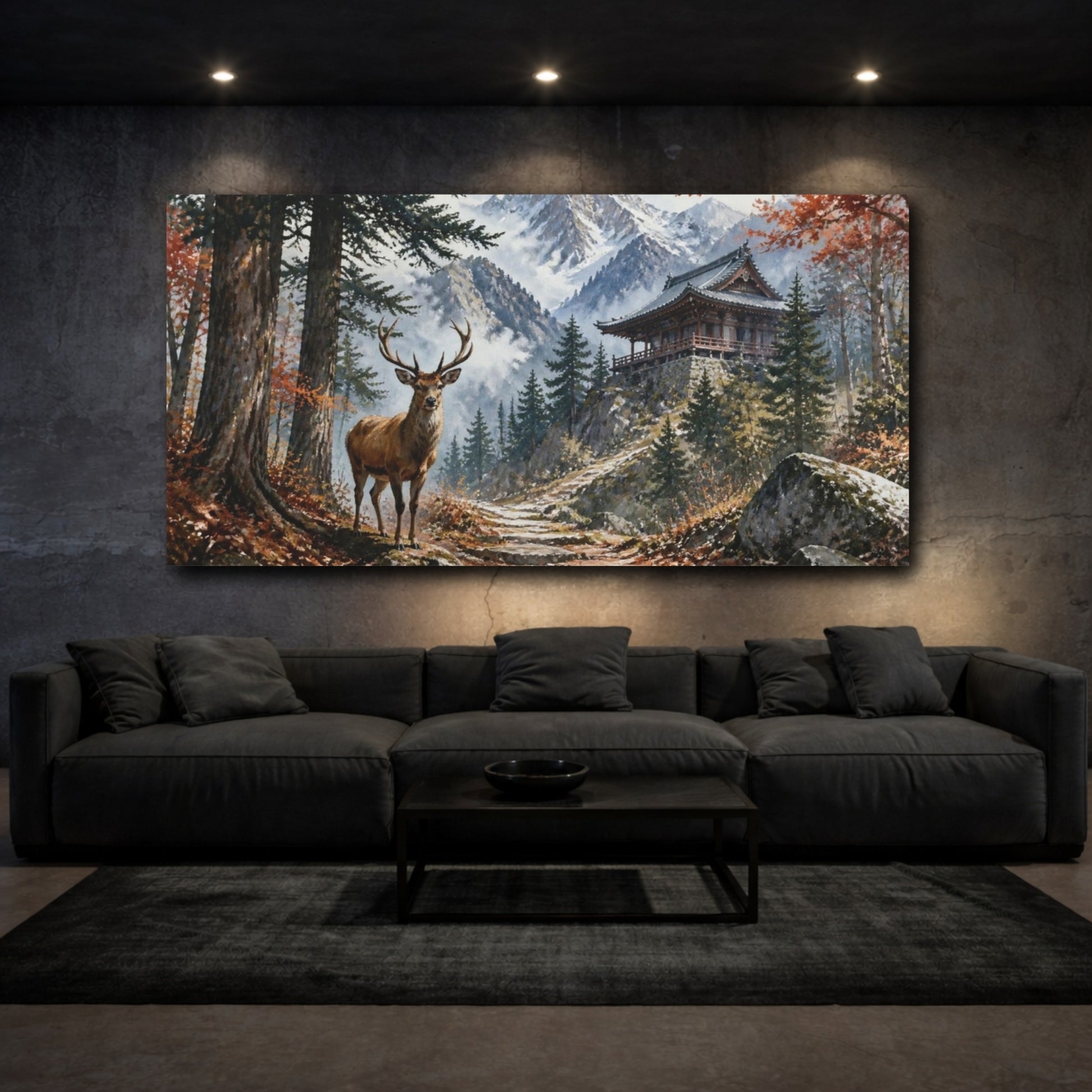 Mockup 3. Stag At Mountain Temple shown as canvas print