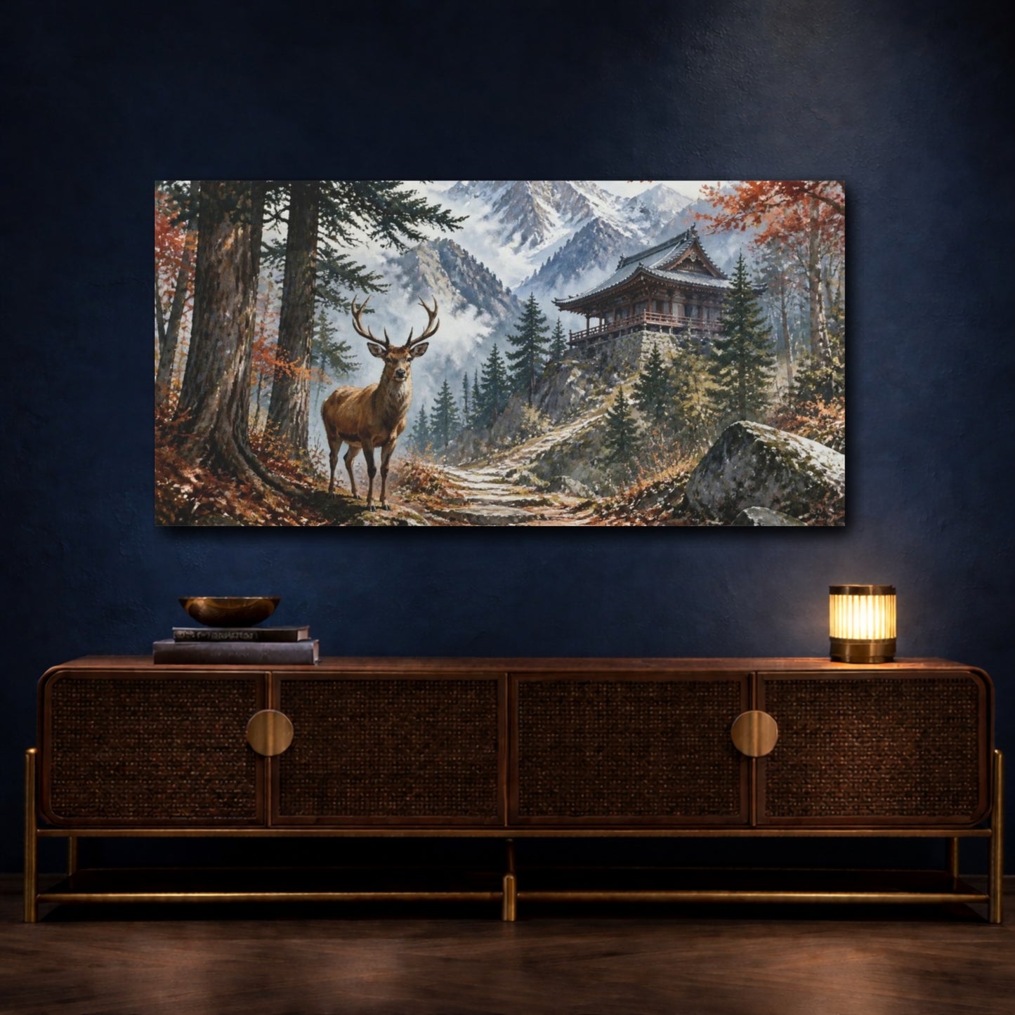 Mockup 4. Stag At Mountain Temple shown as canvas print