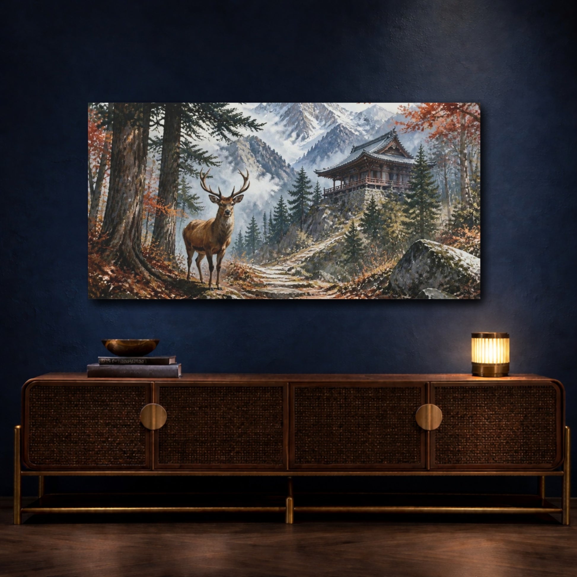 Mockup 4. Stag At Mountain Temple shown as canvas print
