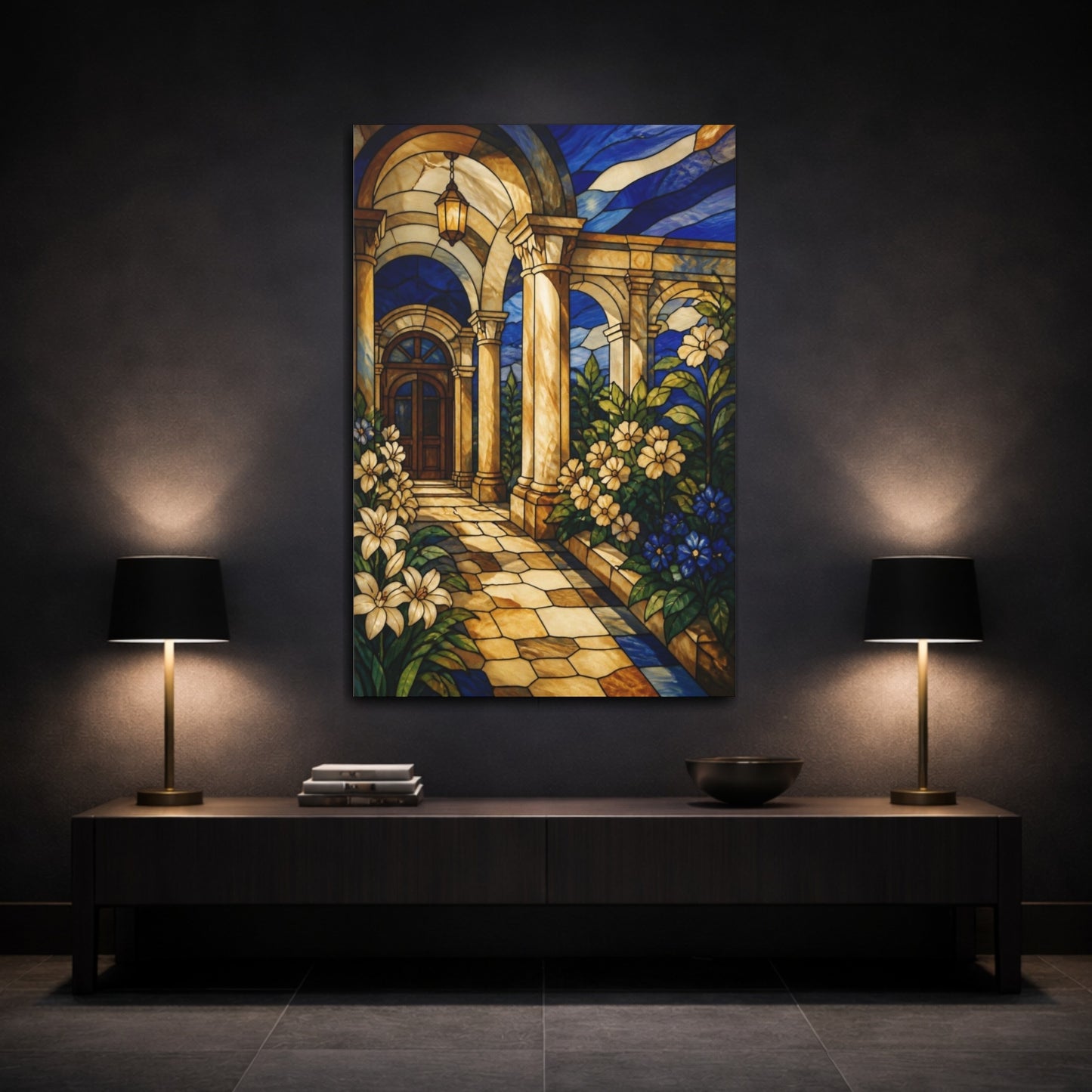 Mockup 3. Stained Glass Colonnade shown as canvas print