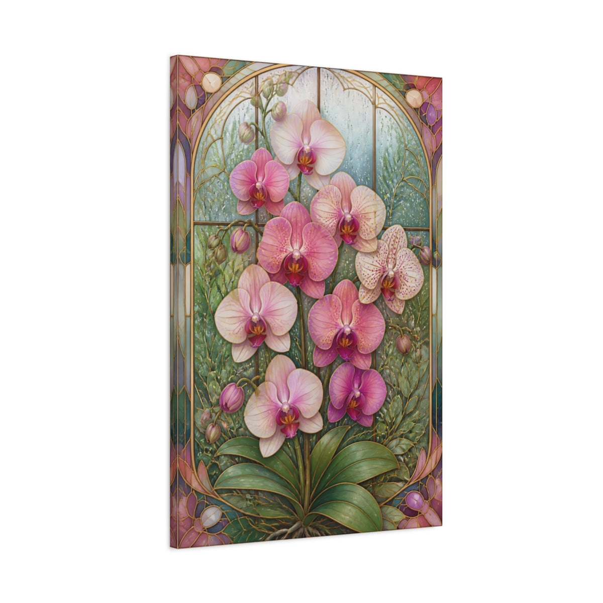 Main Mockup. Stained-Glass Orchid Flowers shown as canvas print