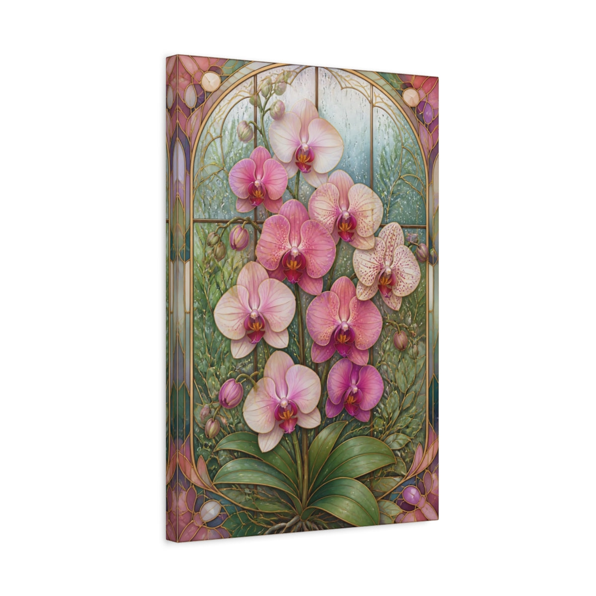 Side Mockup 3. Stained-Glass Orchid Flowers shown as canvas print