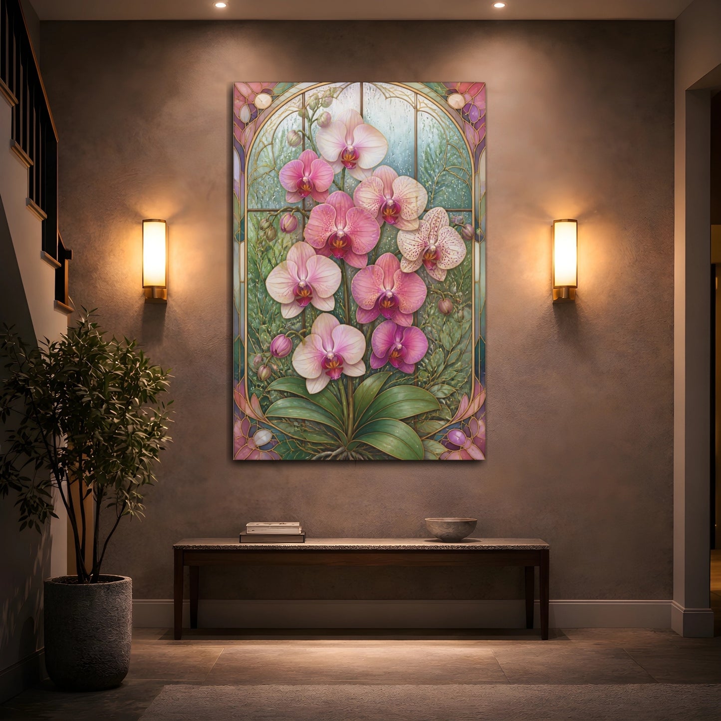 Mockup 2. Stained-Glass Orchid Flowers shown as canvas print