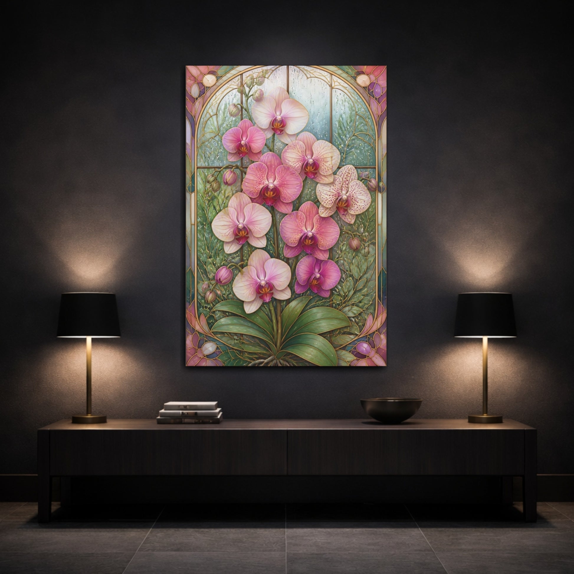 Mockup 3. Stained-Glass Orchid Flowers shown as canvas print