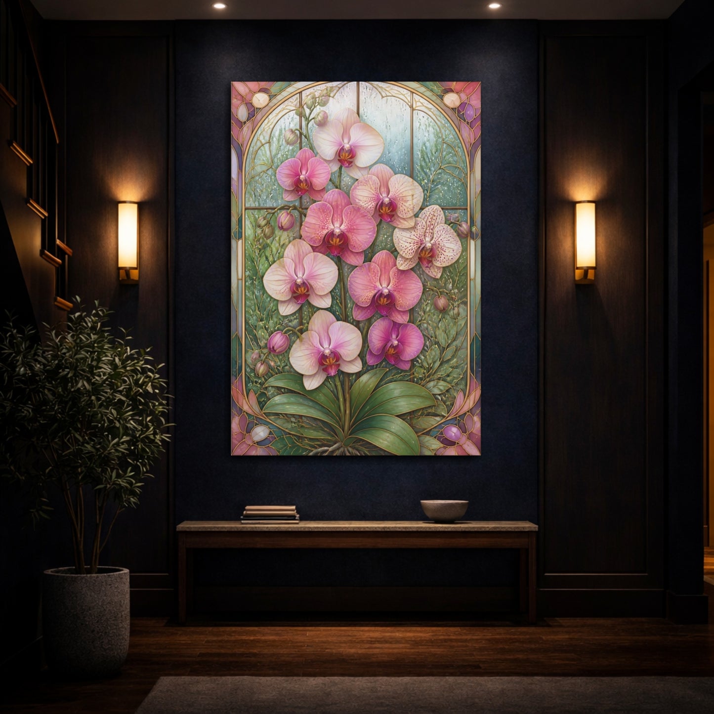 Mockup 4. Stained-Glass Orchid Flowers shown as canvas print