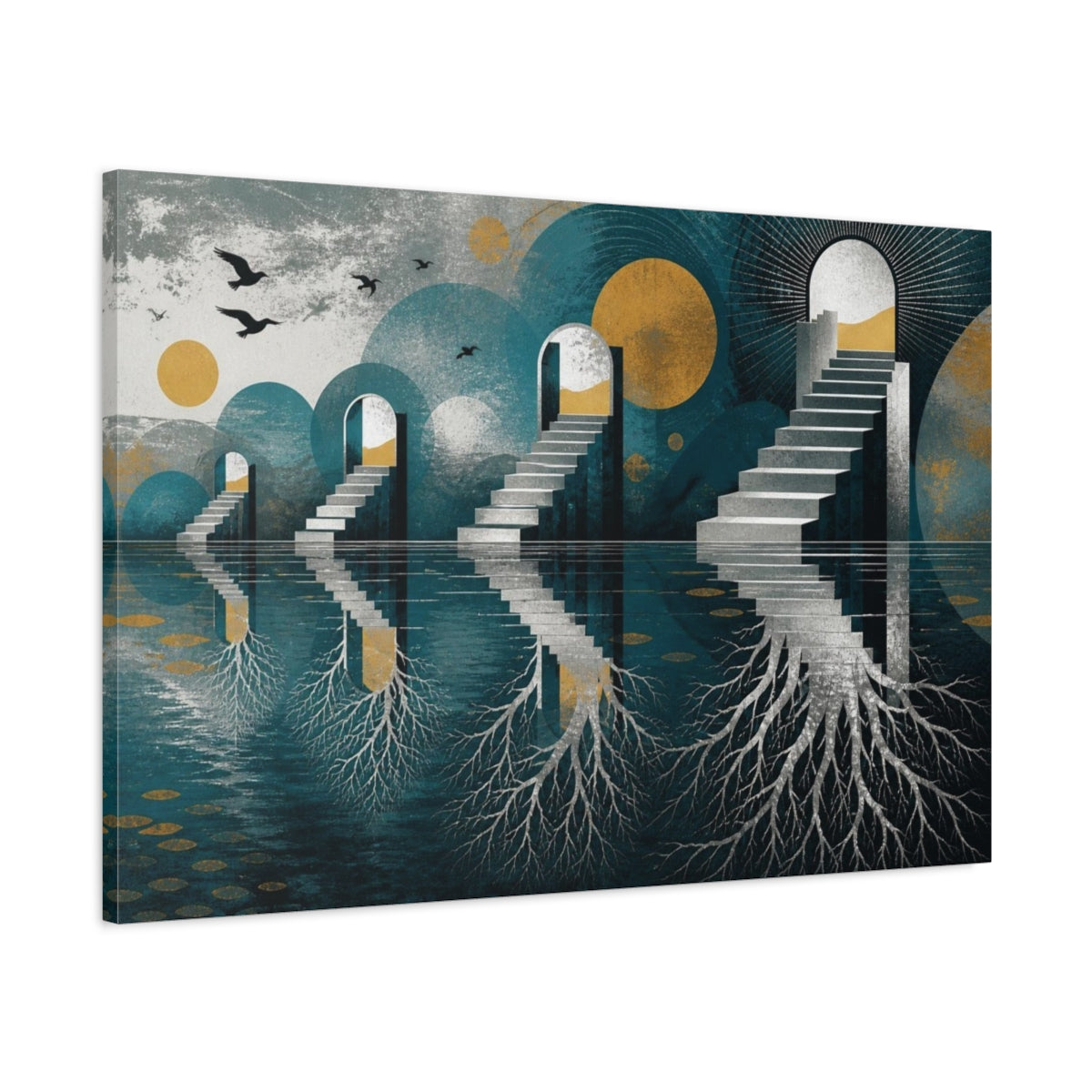 Main Mockup. Staircase Illusion With Roots shown as canvas print