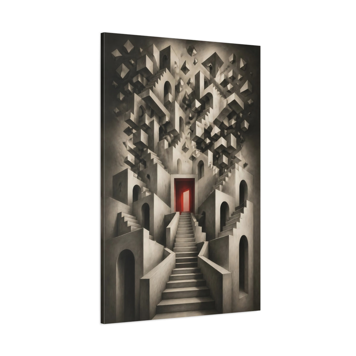 Side Mockup 1. Staircase To Red Door shown as canvas print