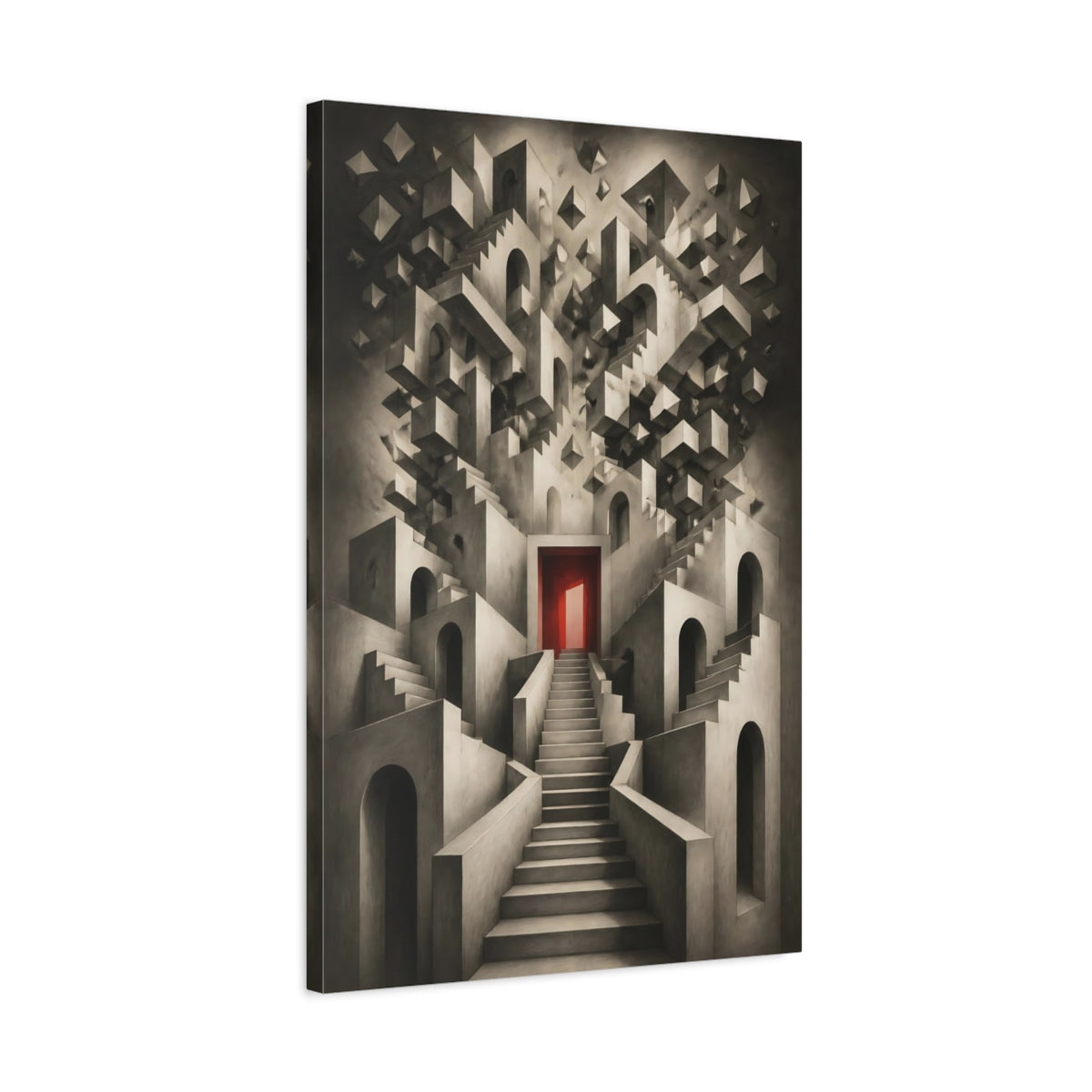 Side Mockup 2. Staircase To Red Door shown as canvas print