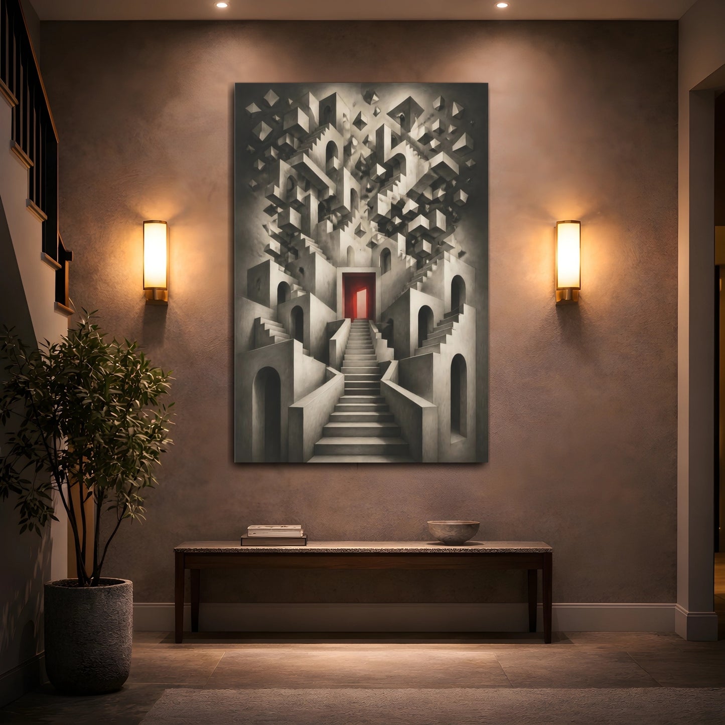 Mockup 2. Staircase To Red Door shown as canvas print