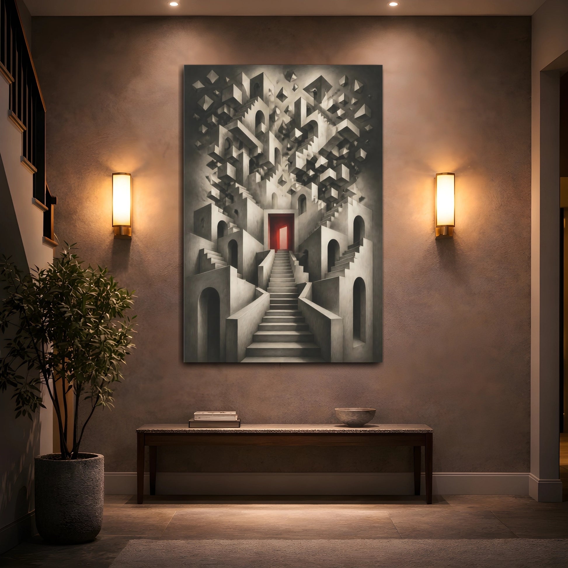 Mockup 2. Staircase To Red Door shown as canvas print