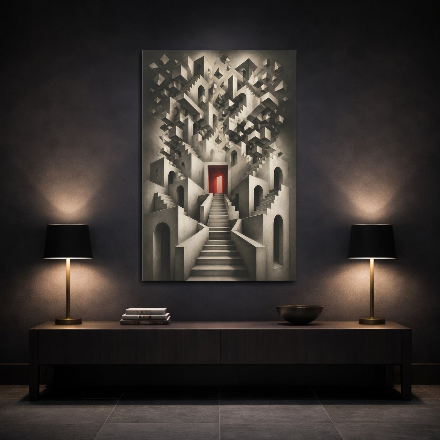 Mockup 3. Staircase To Red Door shown as canvas print