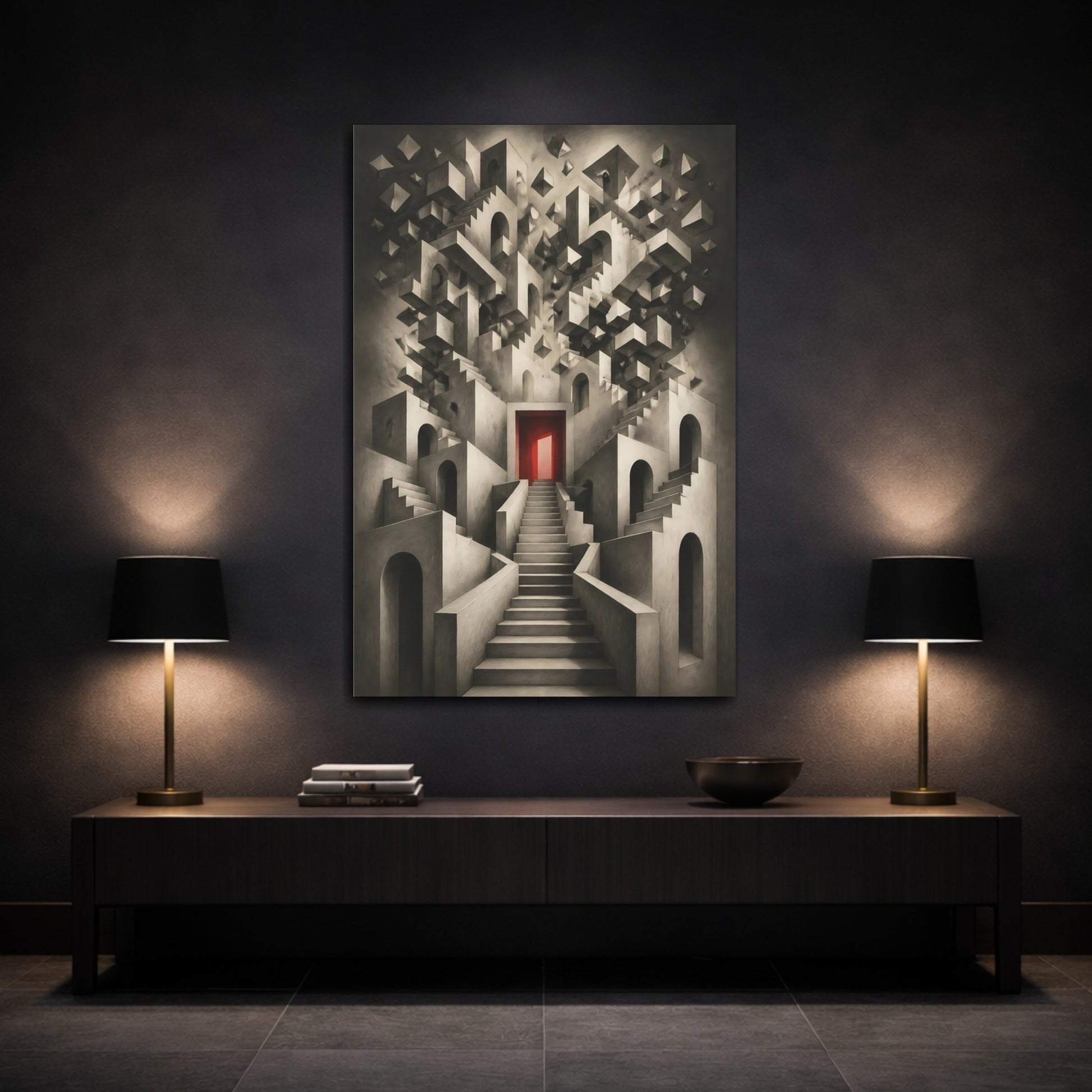 Mockup 3. Staircase To Red Door shown as canvas print