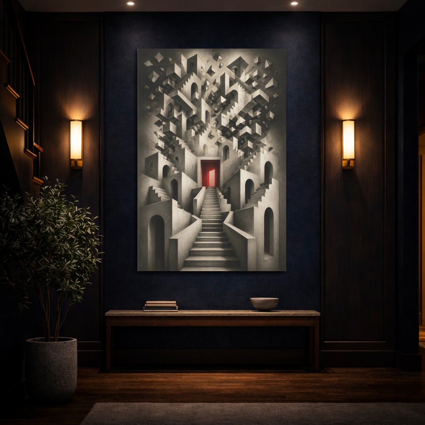 Mockup 4. Staircase To Red Door shown as canvas print