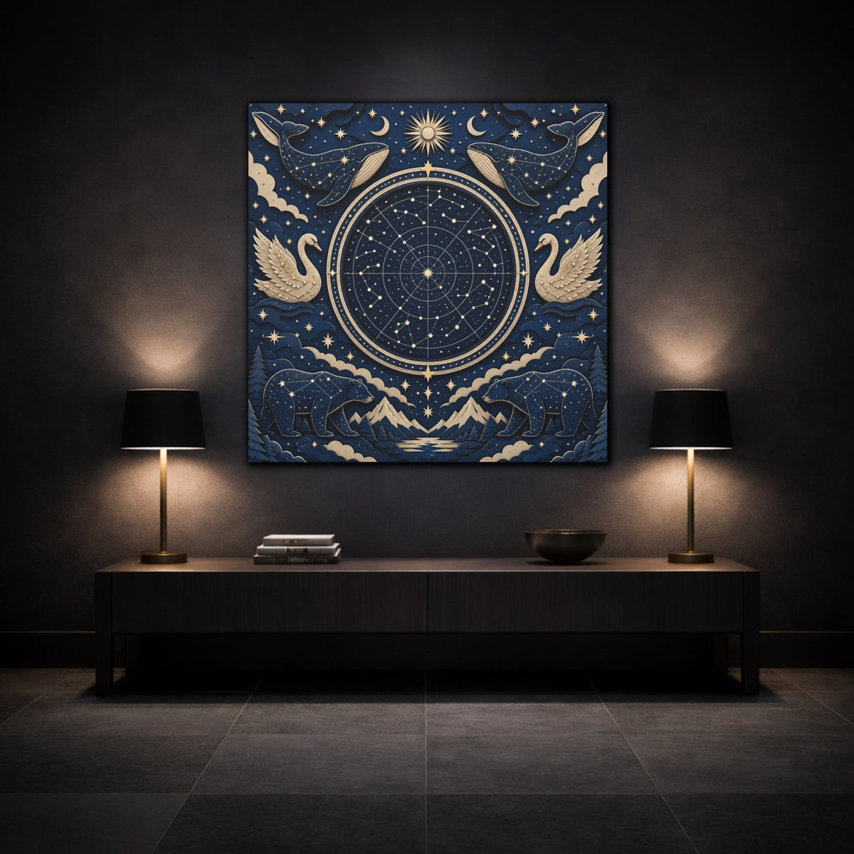 Mockup 3. Star Map With Whales & Bears shown as canvas print