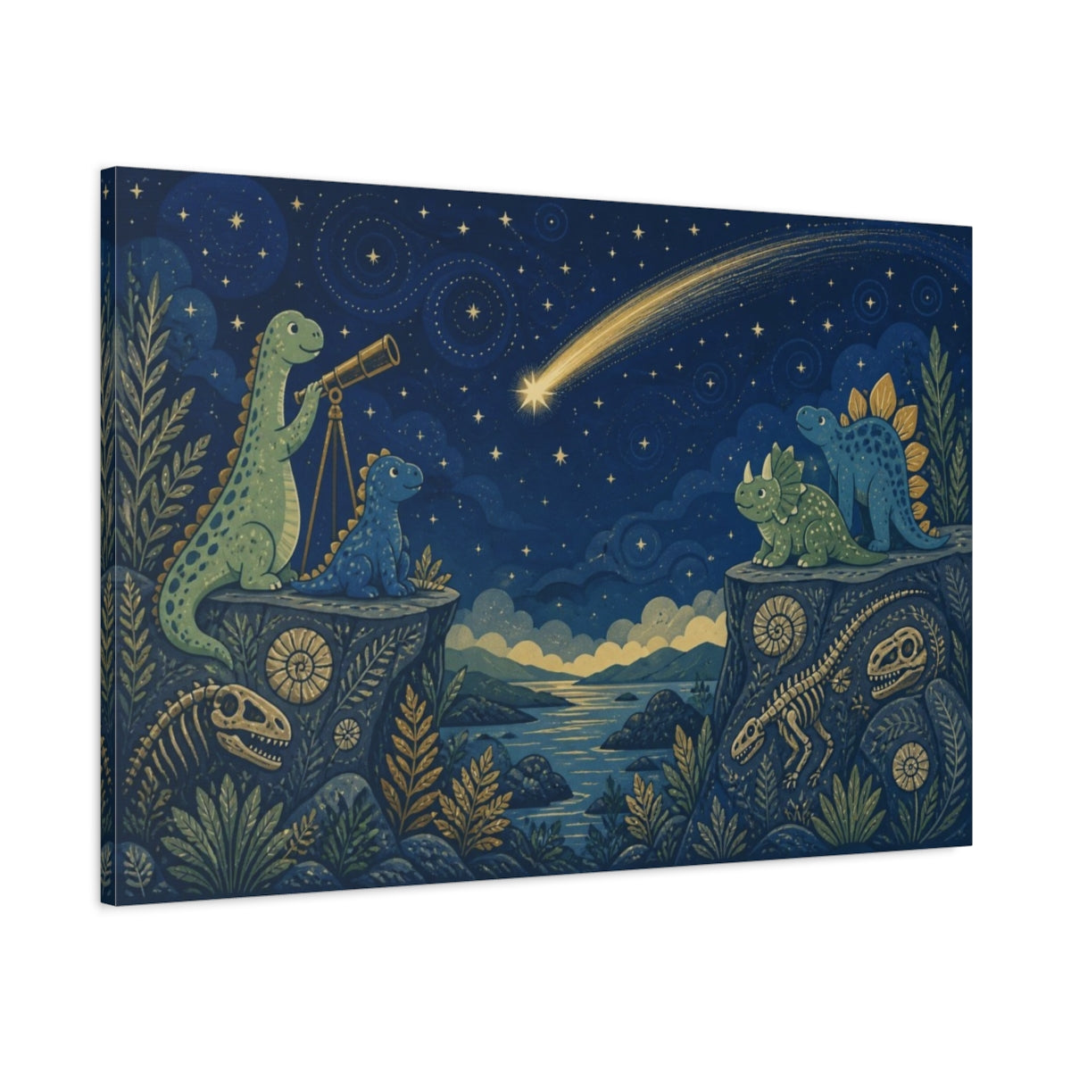 Main Mockup. Stargazing Dinosaur Friends shown as canvas print