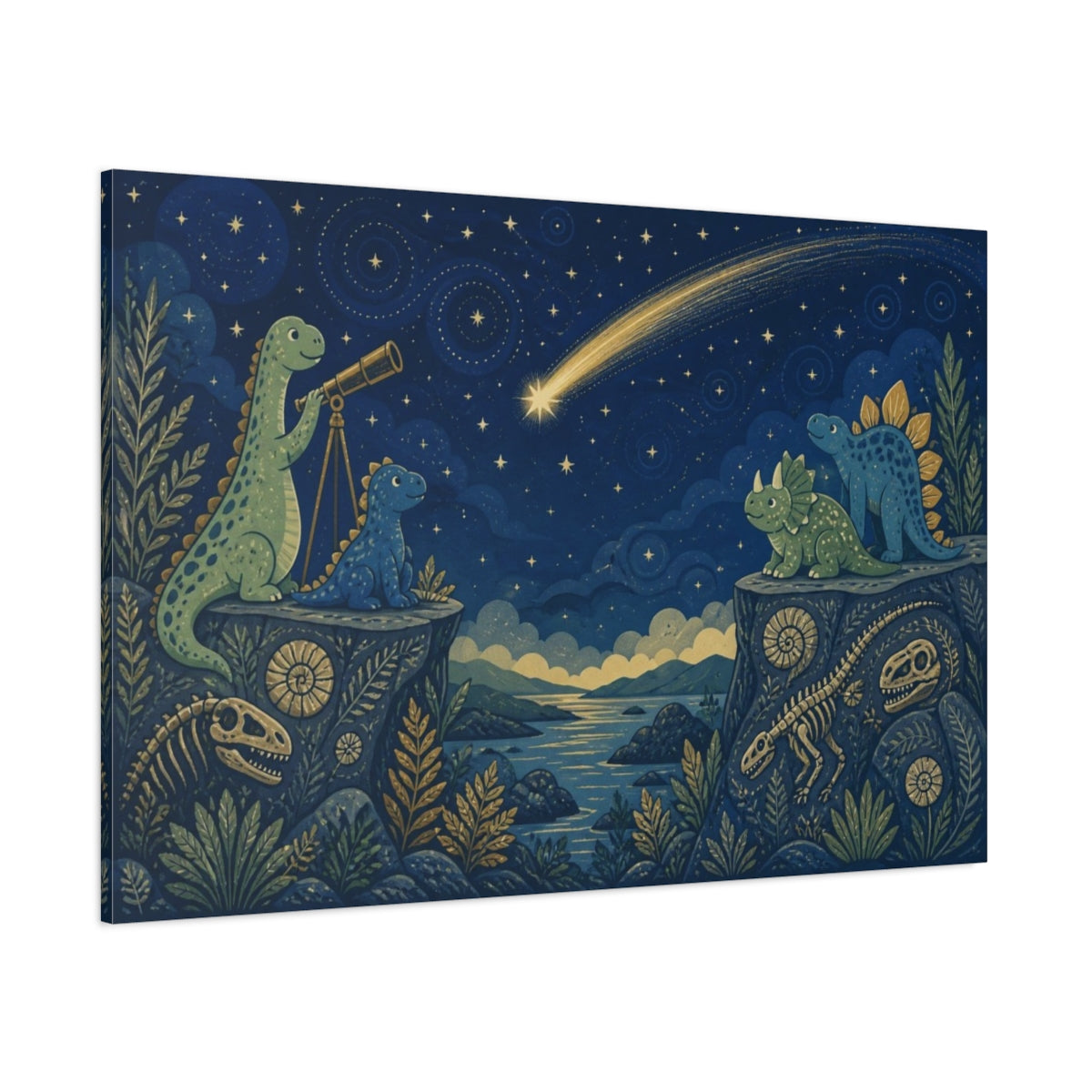 Side Mockup 1. Stargazing Dinosaur Friends shown as canvas print