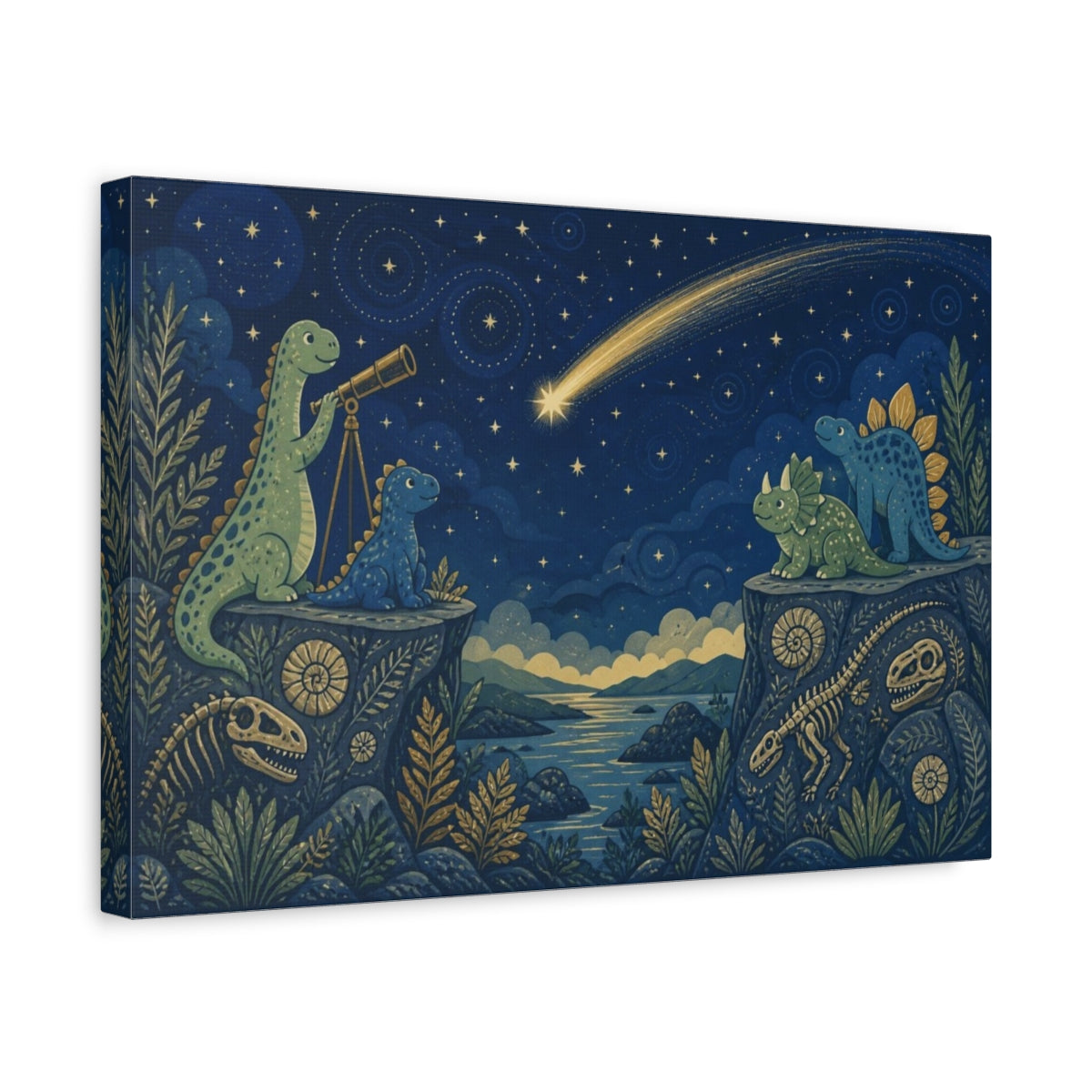 Side Mockup 4. Stargazing Dinosaur Friends shown as canvas print