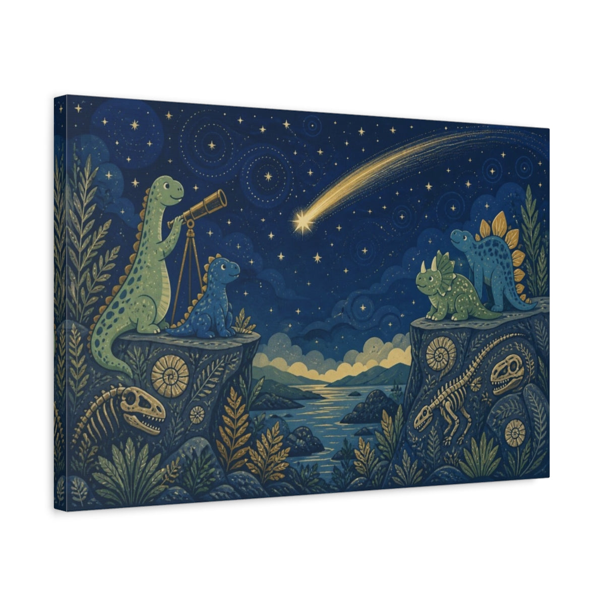 Side Mockup 3. Stargazing Dinosaur Friends shown as canvas print
