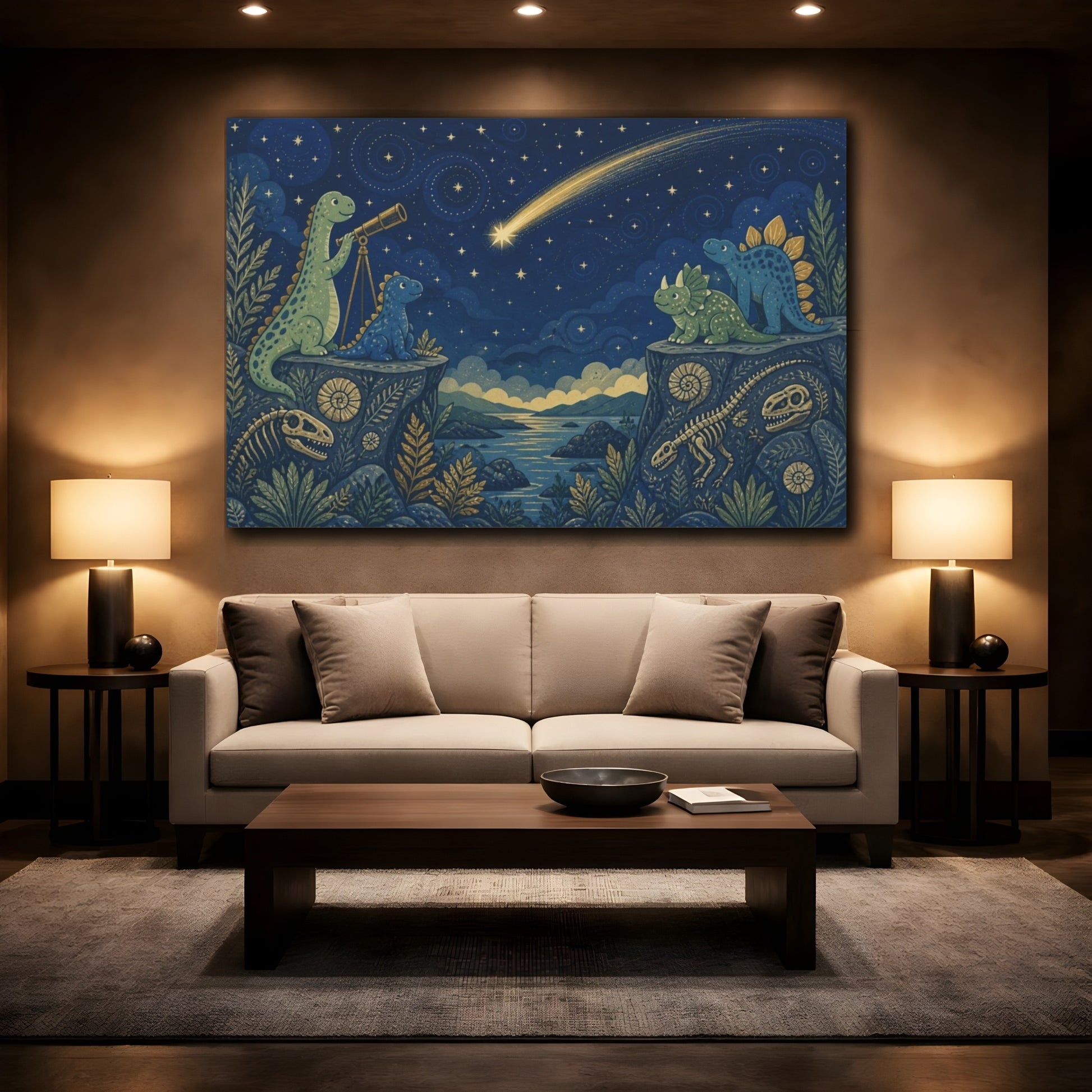 Mockup 2. Stargazing Dinosaur Friends shown as canvas print