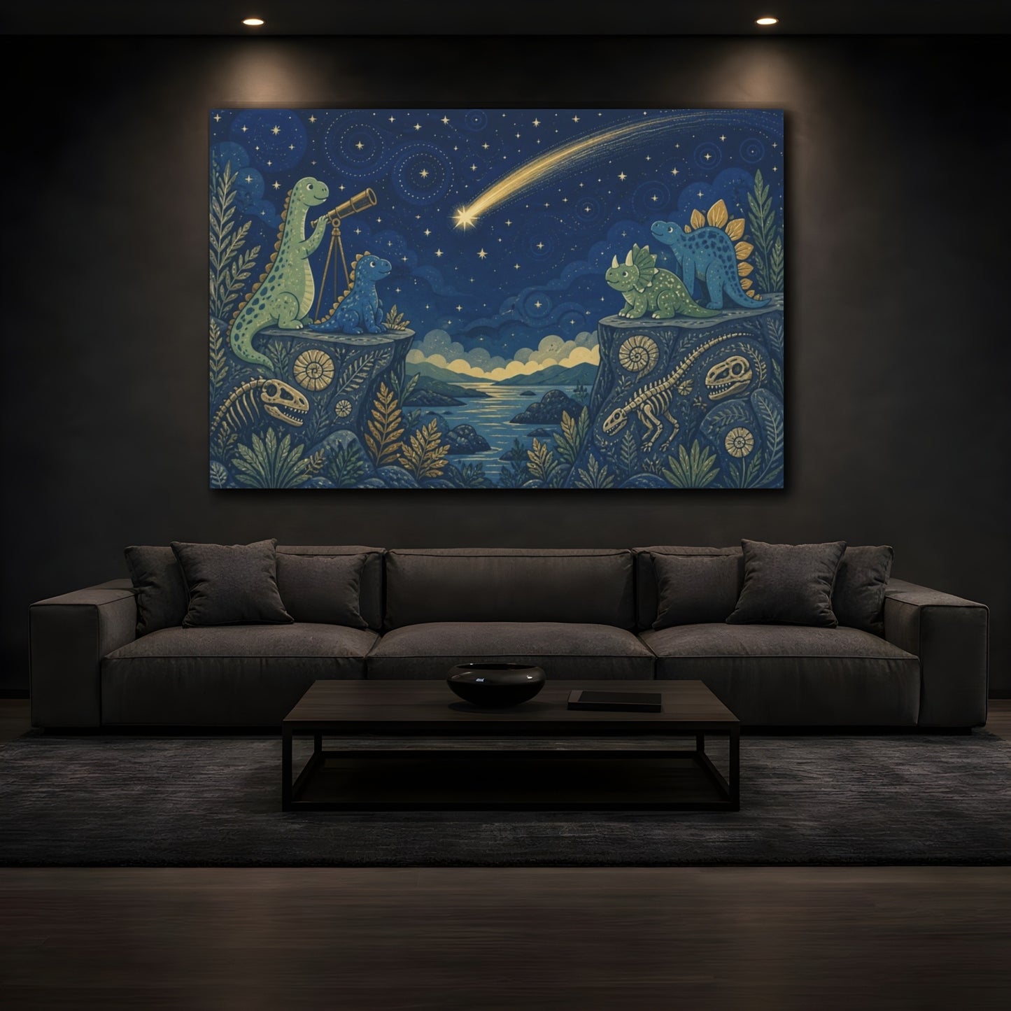 Mockup 3. Stargazing Dinosaur Friends shown as canvas print